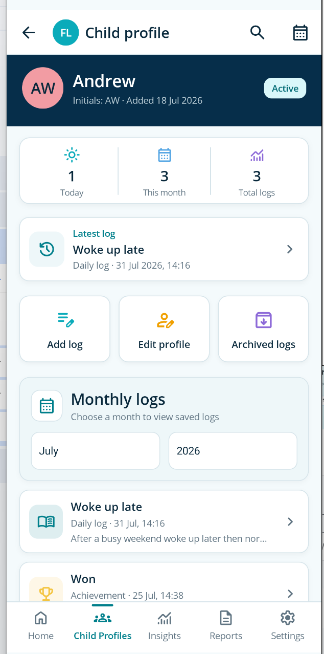 Individual child profile screen in FosterLog