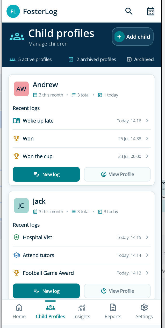 Child profiles screen in FosterLog