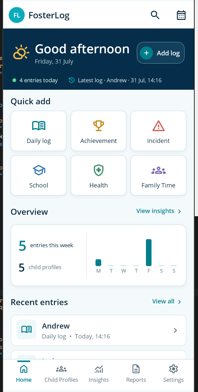 FosterLog dashboard