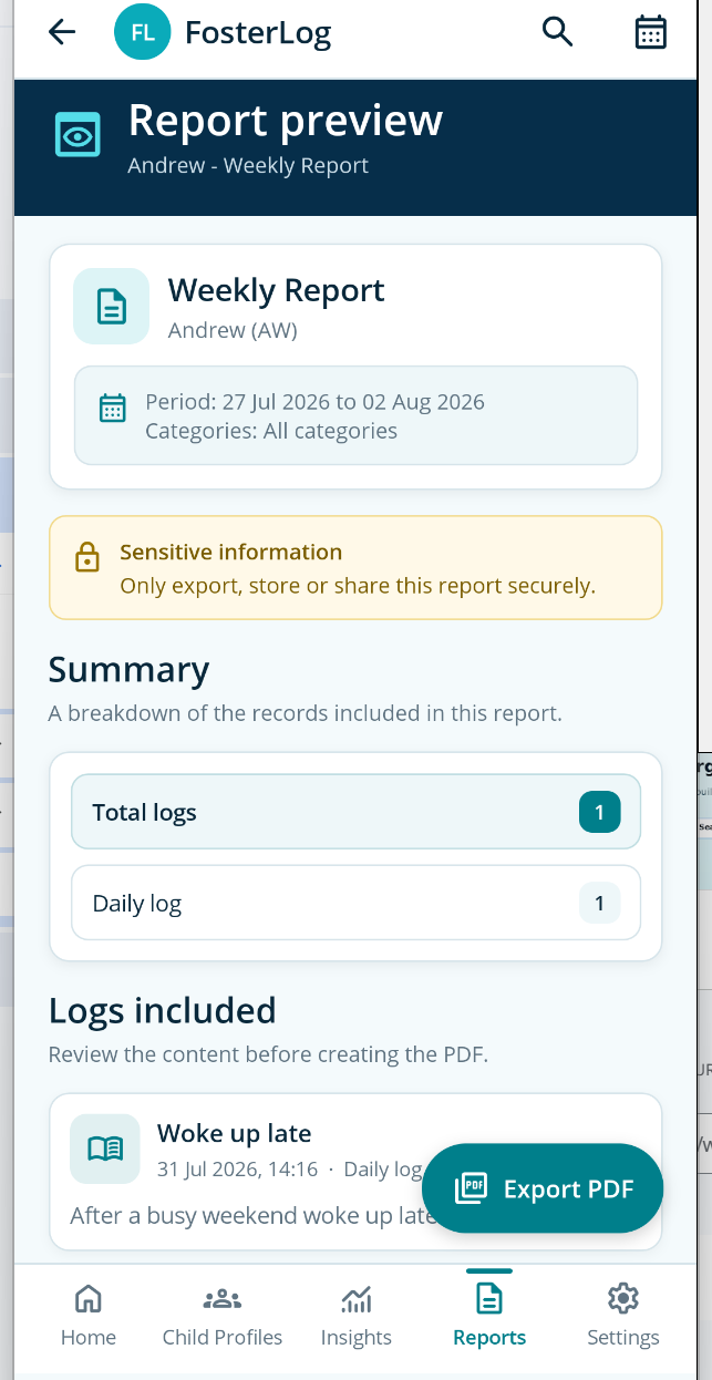 Report preview screen in FosterLog