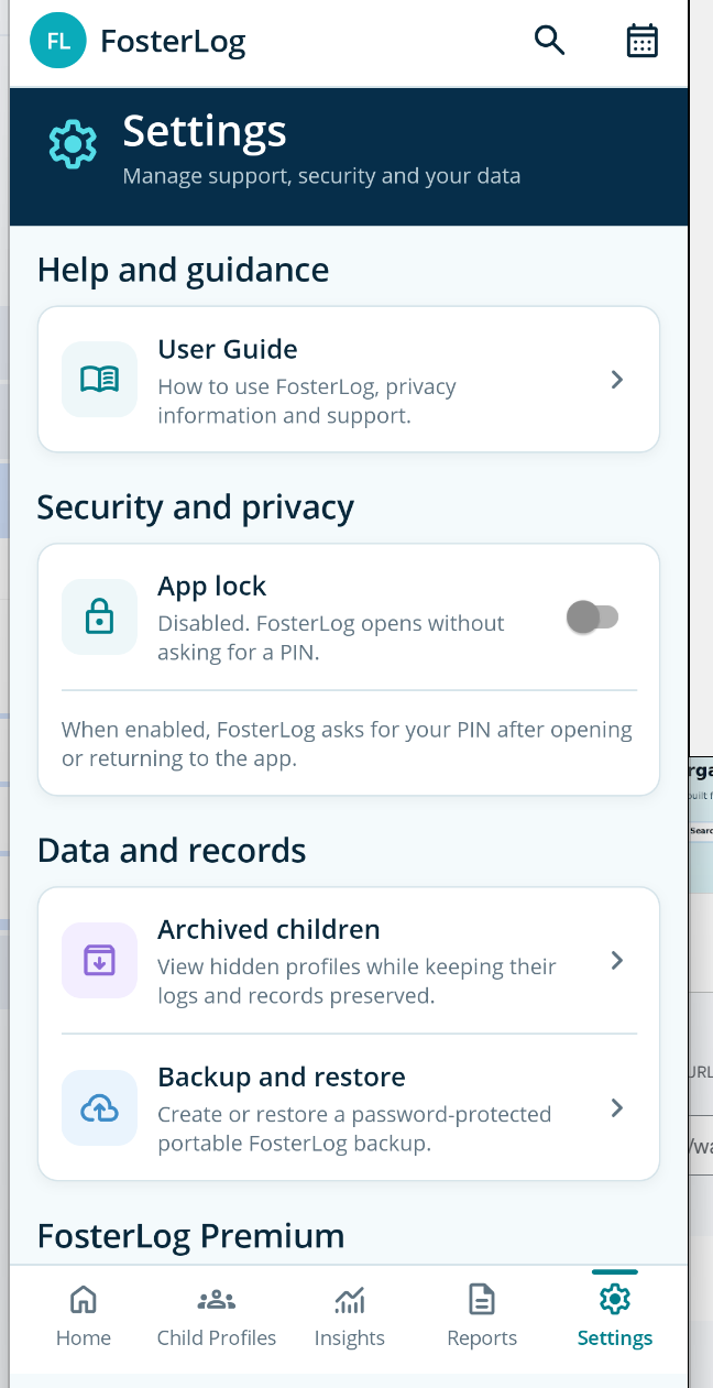 Settings, security, backup and user guide options in FosterLog