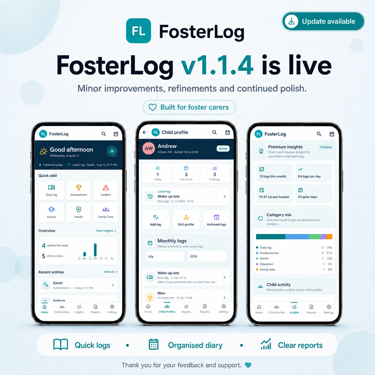 FosterLog version 1.1.4 update showing quick logs, an organised child diary and clear Insights reports